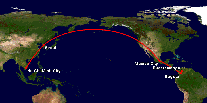 Bay từ Sài Gòn đến Bucaramanga qua Seoul, Mexico City, Bogotá