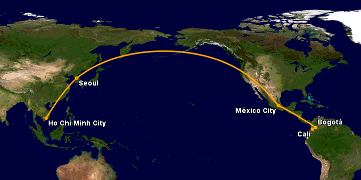 Bay từ Sài Gòn đến Cali qua Seoul, Mexico City, Bogotá