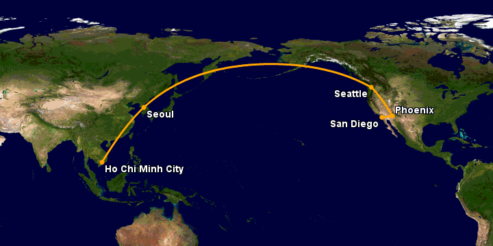 Bay từ Sài Gòn đến San Diego qua Seoul, Seattle, Phoenix