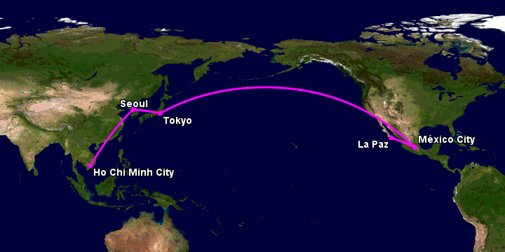 Bay từ Sài Gòn đến La Paz qua Seoul, Tokyo, Mexico City