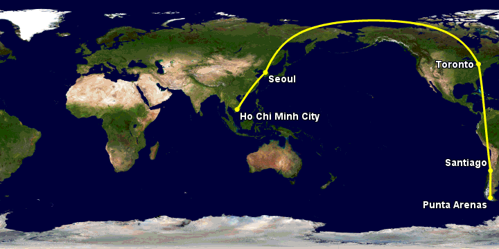 Bay từ Sài Gòn đến Punta Arenas qua Seoul, Toronto, Santiago