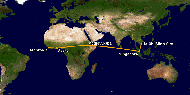 Bay từ Sài Gòn đến Monrovia Rob qua Singapore, Addis Ababa, Accra