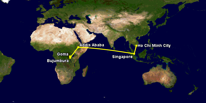 Bay từ Sài Gòn đến Goma qua Singapore, Addis Ababa, Bujumbura