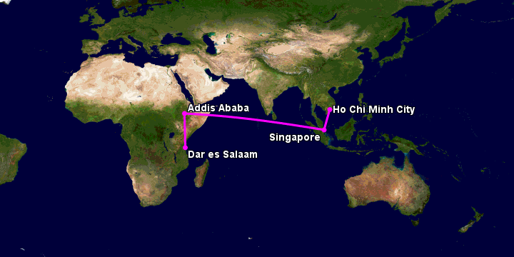 Bay từ Sài Gòn đến Dar Es Salaam qua Singapore, Addis Ababa