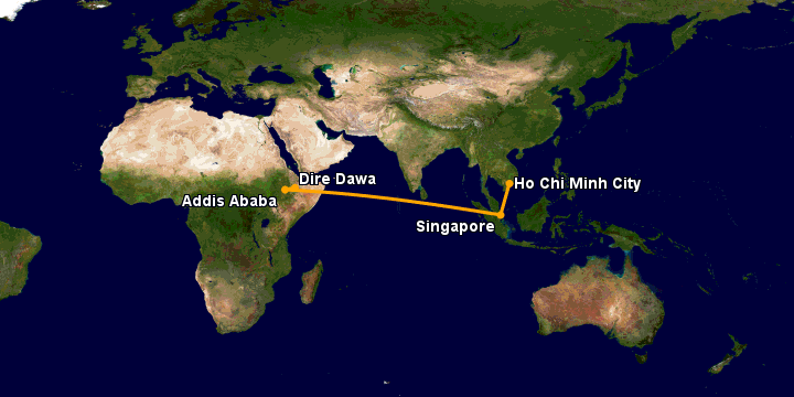 Bay từ Sài Gòn đến Dire Dawa qua Singapore, Addis Ababa