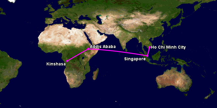 Bay từ Sài Gòn đến Kinshasa Ndjili qua Singapore, Addis Ababa