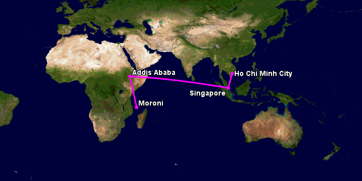 Bay từ Sài Gòn đến Moroni Hahaya qua Singapore, Addis Ababa