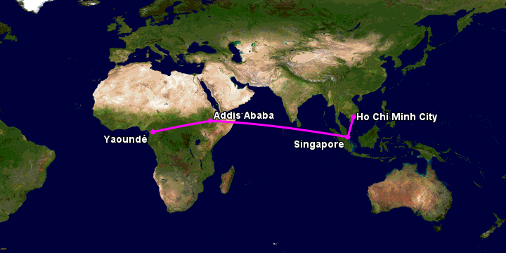 Bay từ Sài Gòn đến Yaounde qua Singapore, Addis Ababa