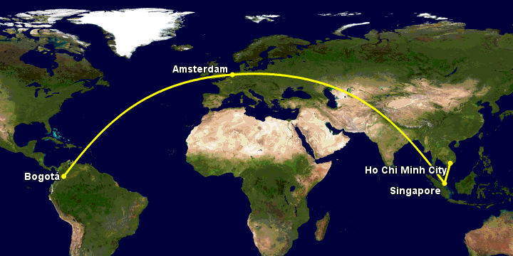 Bay từ Sài Gòn đến Bogota qua Singapore, Amsterdam