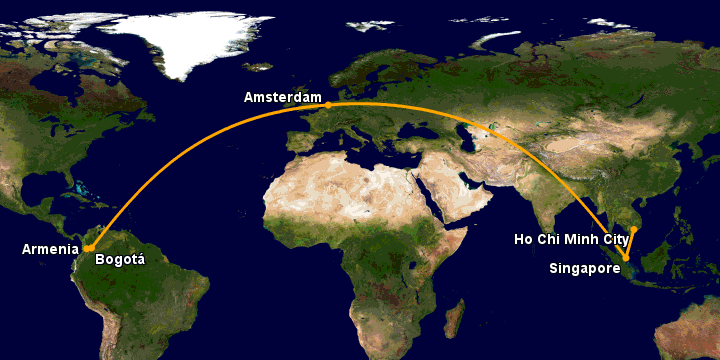 Bay từ Sài Gòn đến Armenia qua Singapore, Amsterdam, Bogotá