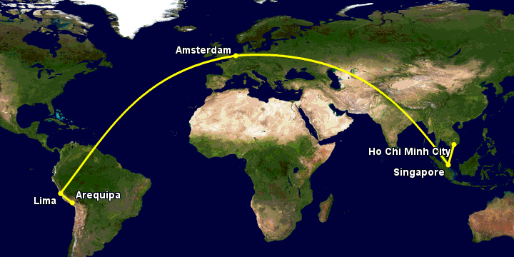 Bay từ Sài Gòn đến Arequipa qua Singapore, Amsterdam, Lima
