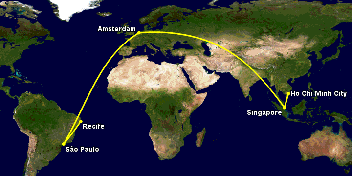 Bay từ Sài Gòn đến Recife qua Singapore, Amsterdam, Sao Paulo