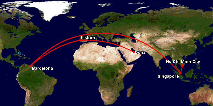 Bay từ Sài Gòn đến Doha qua Singapore, Barcelona, Lisbon