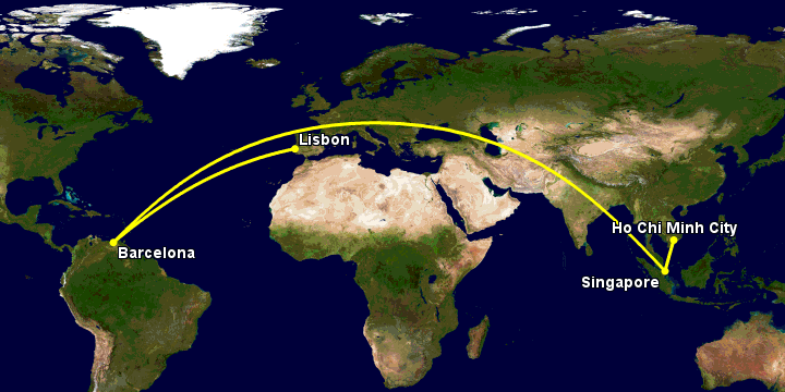Bay từ Sài Gòn đến Lisbon qua Singapore, Barcelona, Lisbon