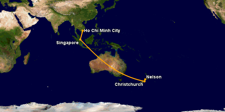 Bay từ Sài Gòn đến Nelson qua Singapore, Christchurch