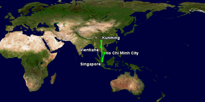 Bay từ Sài Gòn đến Vientiane qua Singapore, Côn Minh, Vientiane