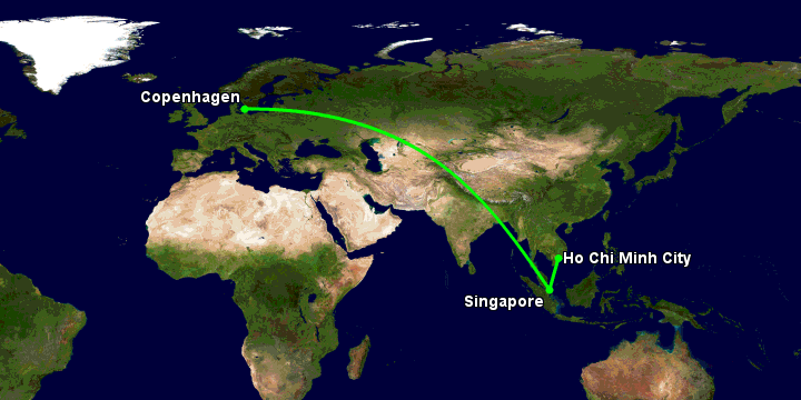 Bay từ Sài Gòn đến Copenhagen qua Singapore