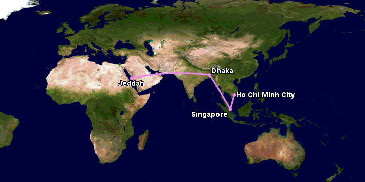Bay từ Sài Gòn đến Jeddah qua Singapore, Dhaka