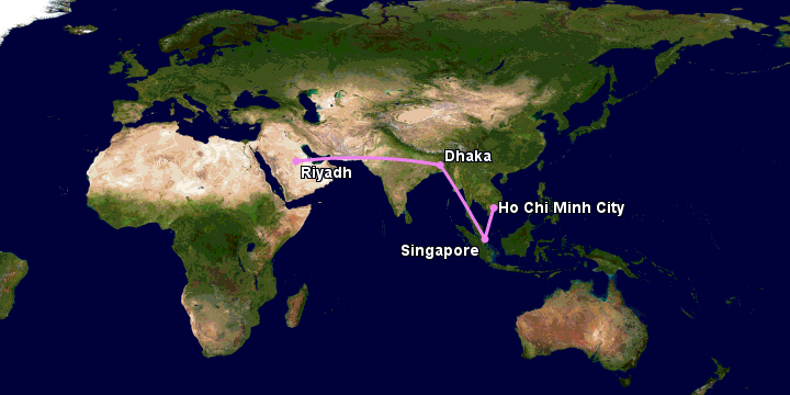 Bay từ Sài Gòn đến Riyadh qua Singapore, Dhaka, Riyadh