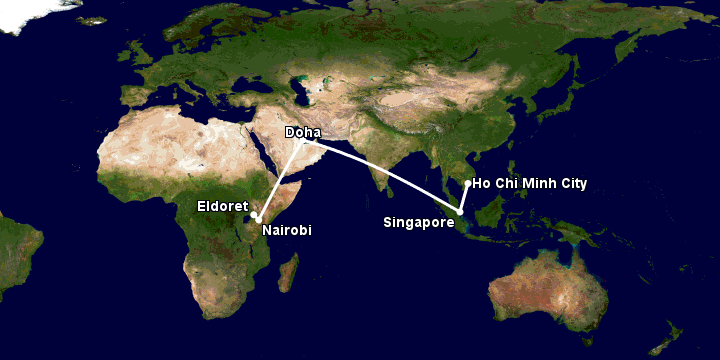 Bay từ Sài Gòn đến Eldoret qua Singapore, Doha, Nairobi
