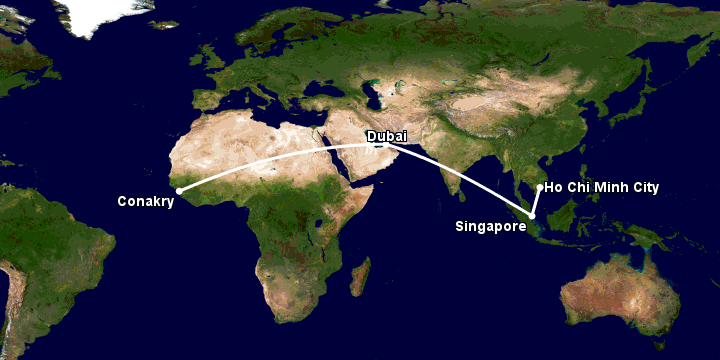 Bay từ Sài Gòn đến Conakry qua Singapore, Dubai