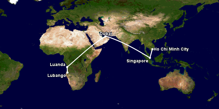 Bay từ Sài Gòn đến Lubango qua Singapore, Dubai, Luanda
