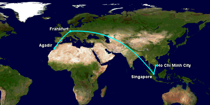 Bay từ Sài Gòn đến Agadir qua Singapore, Frankfurt
