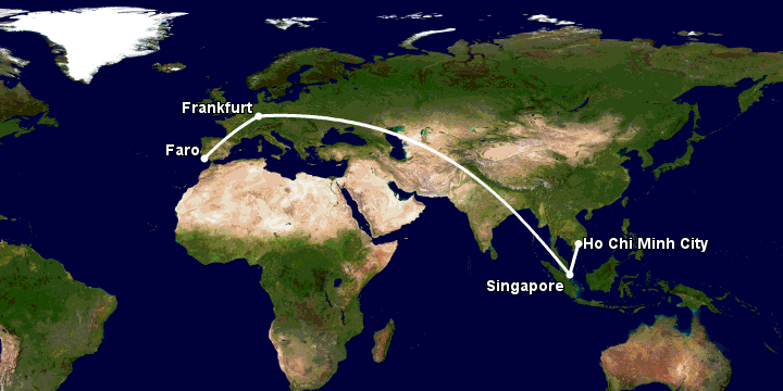 Bay từ Sài Gòn đến Faro Pt qua Singapore, Frankfurt