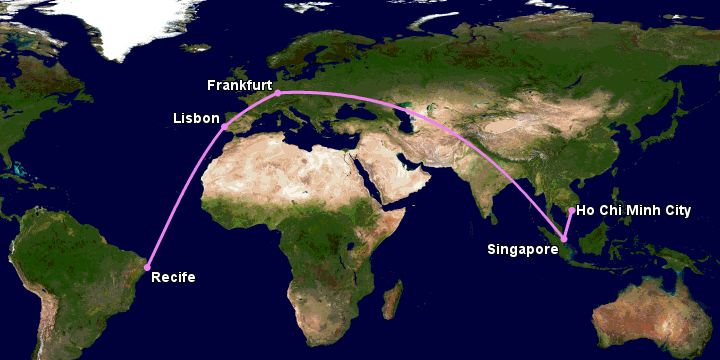 Bay từ Sài Gòn đến Recife qua Singapore, Frankfurt, Lisbon