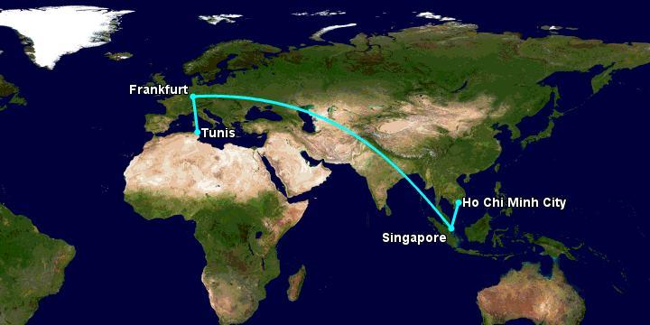 Bay từ Sài Gòn đến Tunis qua Singapore, Frankfurt