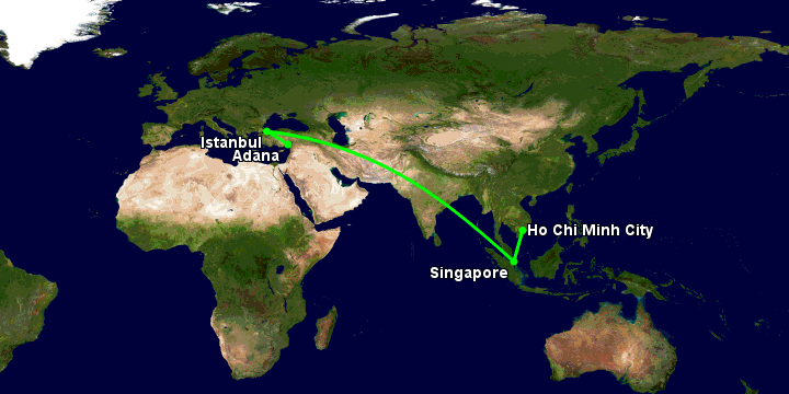 Bay từ Sài Gòn đến Adana qua Singapore, Istanbul