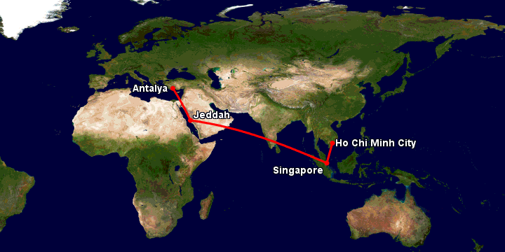 Bay từ Sài Gòn đến Antalya qua Singapore, Jeddah