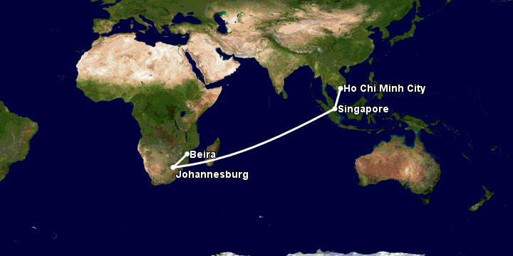 Bay từ Sài Gòn đến Beira qua Singapore, Johannesburg