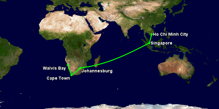 Bay từ Sài Gòn đến Walvis Bay qua Singapore, Johannesburg, Cape Town