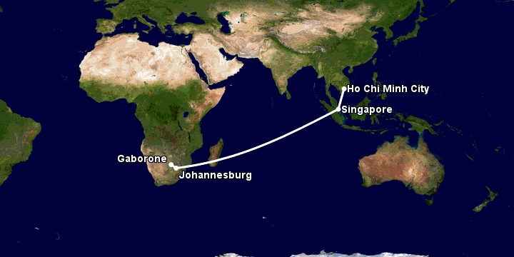 Bay từ Sài Gòn đến Gaborone qua Singapore, Johannesburg