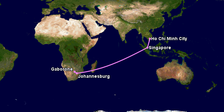 Bay từ Sài Gòn đến Gaborone qua Singapore, Johannesburg