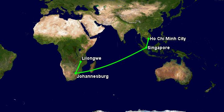Bay từ Sài Gòn đến Lilongwe qua Singapore, Johannesburg