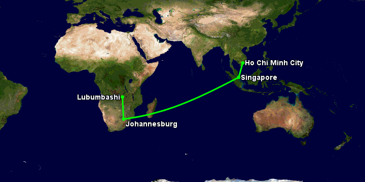 Bay từ Sài Gòn đến Lubumbashi qua Singapore, Johannesburg