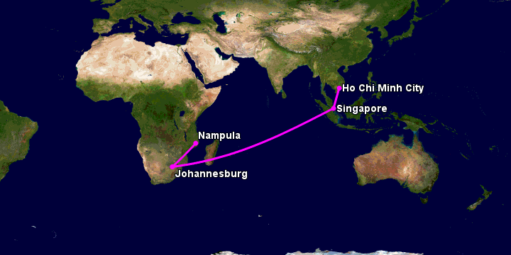 Bay từ Sài Gòn đến Nampula qua Singapore, Johannesburg