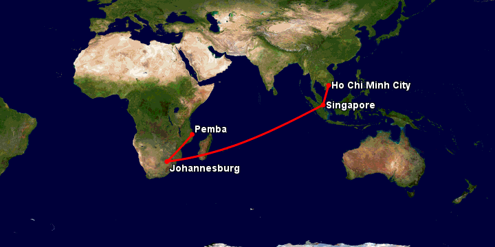 Bay từ Sài Gòn đến Pemba qua Singapore, Johannesburg