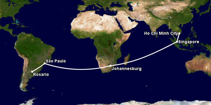 Bay từ Sài Gòn đến Rosario qua Singapore, Johannesburg, Sao Paulo