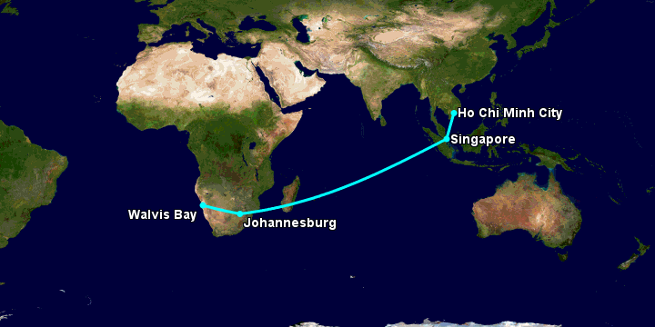 Bay từ Sài Gòn đến Walvis Bay qua Singapore, Johannesburg