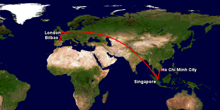 Bay từ Sài Gòn đến Bilbao qua Singapore, London