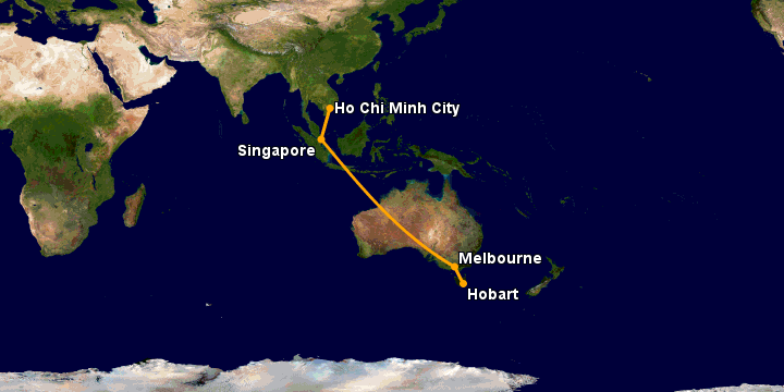 Bay từ Sài Gòn đến Hobart qua Singapore, Melbourne