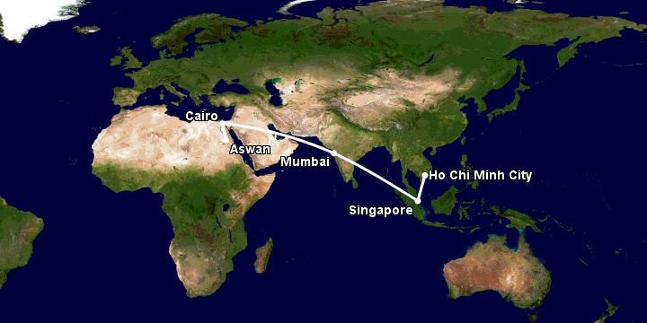 Bay từ Sài Gòn đến Aswan qua Singapore, Mumbai, Cairo