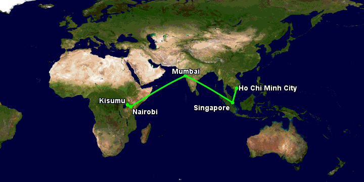 Bay từ Sài Gòn đến Kisumu qua Singapore, Mumbai, Nairobi