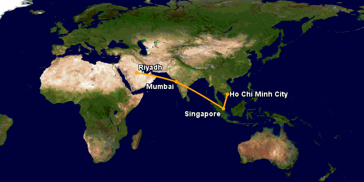 Bay từ Sài Gòn đến Riyadh qua Singapore, Mumbai, Riyadh