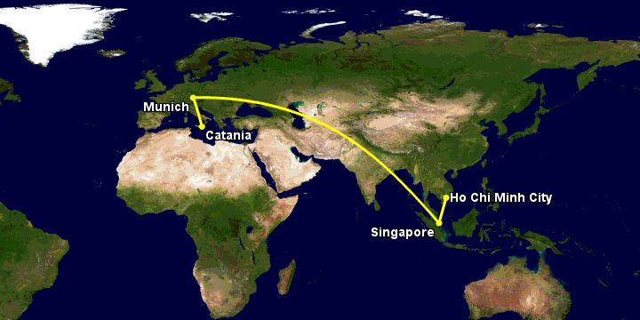 Bay từ Sài Gòn đến Catania qua Singapore, Munich