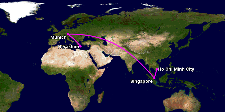 Bay từ Sài Gòn đến Heraklion qua Singapore, Munich