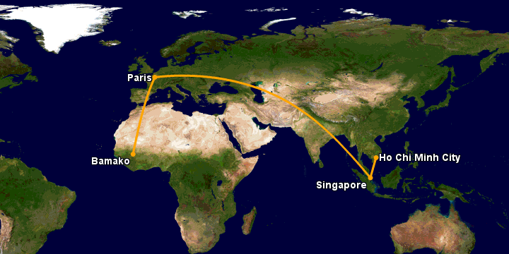 Bay từ Sài Gòn đến Bamako qua Singapore, Paris